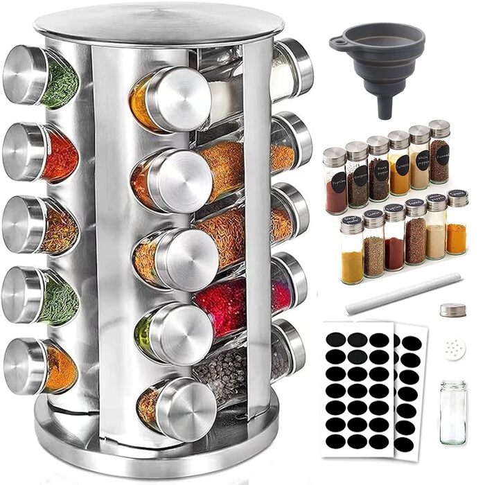 Карусель для спецій, підставка для спецій, що обертається на 360, 20 банок для спецій (порожніх), харчова нержавіюча сталь 430, обертова кухонна підставка для спецій, банки для спецій для струшування, з етикетковим папером та ручкою, 20 порожніх банок