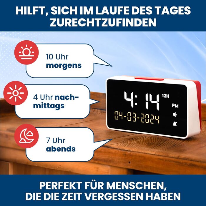 Розмовляючий будильник - гучна гучність - для людей похилого віку, слабозорих, сліпих, пацієнтів з хворобою Альцгеймера - Годинник в 12 або 24-годинному форматі - будильник з великими цифрами, німецький голос