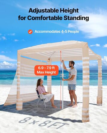 Пляжний навіс VEVOR, 2,4 x 2,4 м з бічною стінкою, сонцезахисний фактор UPF 50, навіс з мішками з піском, регульований по висоті та портативний сонцезахисний навіс для всієї родини та друзів