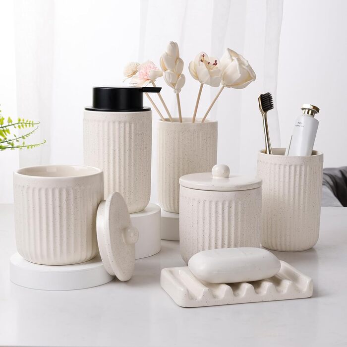 Набір для ванної кімнати Beige UMLACA Керамічні аксесуари для ванної кімнати 4-Piects Включає 350 мл піни для мила, стакан для зубної щітки, мильницю, контейнер для ватних паличок, елегантну прикрасу для ванної кімнати