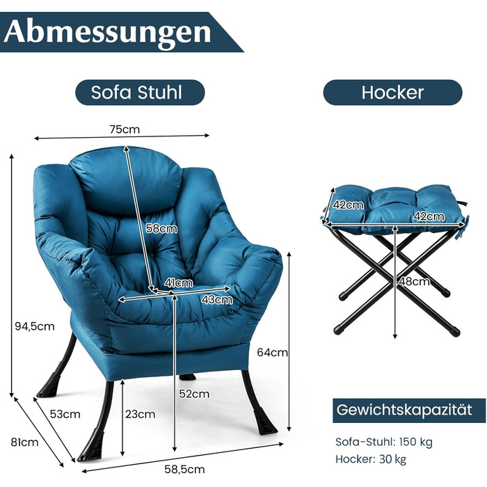 Крісло COSTWAY з підставкою для ніг, відкидне крісло з підлокітниками, бічною кишенею та підставкою для ніг, крісло для відпочинку, крісло для телевізора, крісло з відкидною спинкою для вітальні, спальні, офісу (синє) синє з підставкою для ніг