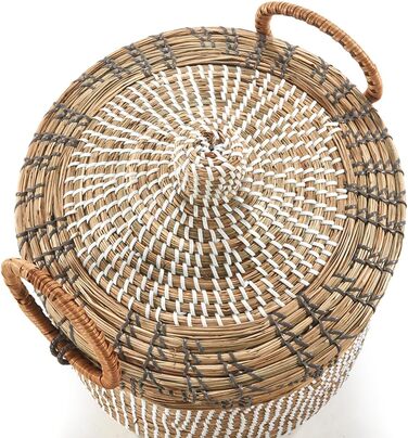 Кошик Kobolo BIRA зі зміями та морською травою Ø 31 см, В 44 см Кошик ручної роботи з кришкою бежевого кольору Органайзер Декоративний кошик Виготовлений з натурального матеріалу для іграшок, газет або книг
