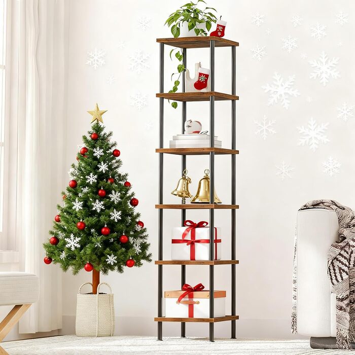 Полиця HOOBRO, 6-ярусна книжкова шафа, вузька кутова полиця, окремостояча полиця, промислова полиця, полиця для зберігання, офісна полиця, відкриті полиці для вітальні, спальні, балкона, кухні, вінтажний коричневий EBF55CJ01 Вінтажний коричневий чорний 30