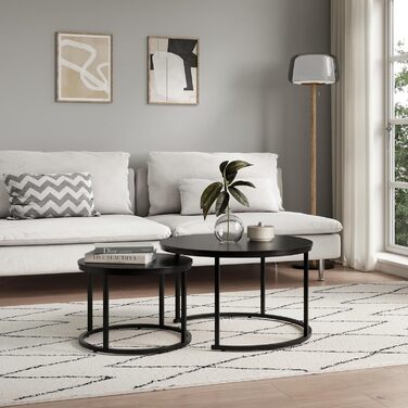Набір з 2 круглих дерев&39яних журнальних столиків Home Collective, сучасний стіл для вітальні, бічний столик 2-в-1 з металевим каркасом для вітальні, офісу, дизайн лофт, двоспальний Чорний, великий, круглий