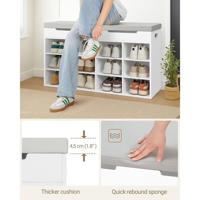 Лавка для взуття Hzuaneri, полиця для взуття із сидінням, лавка для зберігання, 12 відділень, знімні полиці, підходить для вітальні, коридору, входу, 30 x 100 x 55 см, білий SB53503GY