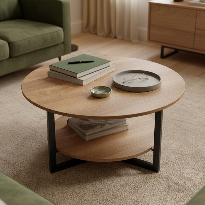 Круглий журнальний столик Skølm Drakkar Ø70 см стіл для вітальні з масиву дуба та металевого каркасу диванний столик з 2 полицями невеликий промаслений бічний столик дерев&39яний стіл для вітальні з місцем для зберігання журнальний столик