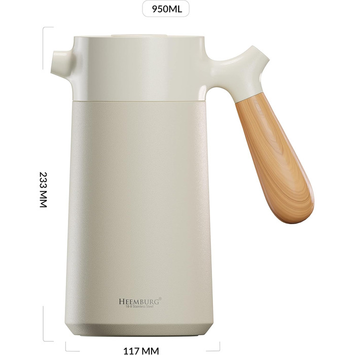 Французький прес з нержавіючої сталі HEEMBURG Термокавоварка з подвійними стінками з ізоляцією Французький прес для кави Прес для кави 1 л Thermo Brewer 5 чашок Кавоварка біла
