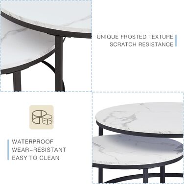 Комплект із 2 круглих журнальних столиків, білий мармуровий журнальний столик з чорною металевою рамою, круглий бічний столик, сучасний столик для вітальні, вбудовані столики для вітальні, спальні, балкону, білий та чорний