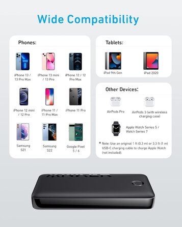 Зовнішній акумулятор потужністю 20 Вт з можливістю зарядки через USB-C, сумісний з iPhone 13/12 Series, Galaxy, iPad Pro, AirPods,
