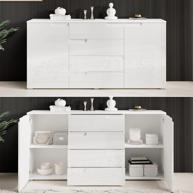 Комод Stella Trading SPICE, глянцевий білий - Сучасний комод з великою кількістю місця для зберігання речей у вашій вітальні - 165 x 80 x 40 см (Ш/В/Г)