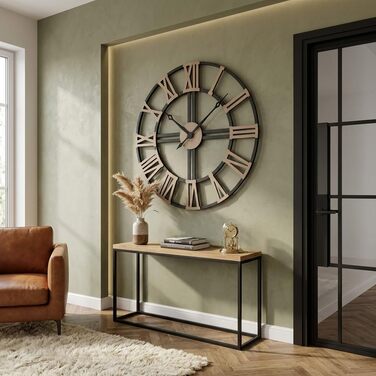 Великий настінний годинник FLEXISTYLE EKO LOFT Grande (80 см, товщина 19 мм) безтихий механізм, колір чорний (антрацит) та дуб, виробництво ЄС
