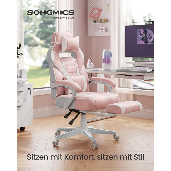 Ігрове крісло SONGMICS, офісне крісло з підставкою для ніг, робоче крісло з підголівником та поперековою подушкою, регульована висота, ергономічне, вантажопідйомність до 150 кг, пастельно-рожевий OBG073P01 пастельно-рожевий кремово-білий