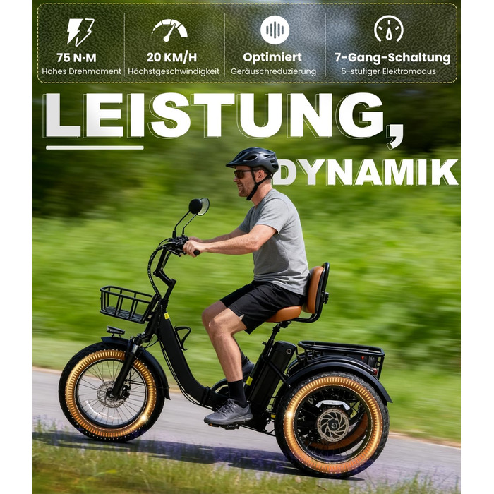 Електричний триколісний велосипед KAKIGO для дорослих, товсті шини 20x4, складаний алюмінієвий електровелосипед, двигун 250 Вт, 65 Нм, акумулятор 48 В 15,6 Аг, 25 км/год, передній та задній кошики, диференціал, запас ходу 90 км, червоний, з тримачем для т