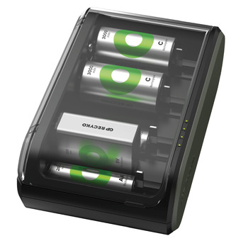 Універсальний зарядний пристрій GP ReCyko з USB, акумуляторний зарядний пристрій для всіх стандартних батарейок AA, AAA, C, D, 9V, міцна касетна конструкція