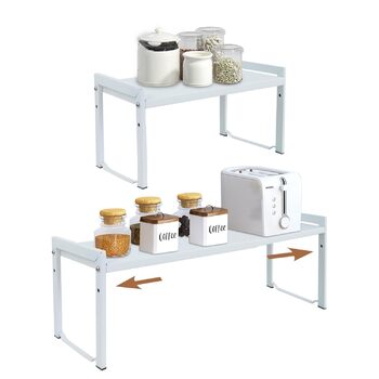 Розширювана полиця для шафи, 66 см, штабелюваний органайзер для кухонної стільниці, кухонна полиця для спецій, полиця для комори, регульований органайзер для шафи, полиця для зберігання речей для кухні та офісу (2 шт., білий M) Білий 2 шт., білий M