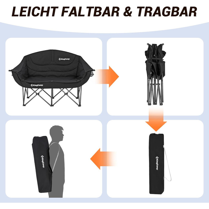 Розкладний кемпінговий диван KingCamp (до 300 кг), розкішне розкладне кемпінгове крісло для 2 осіб, м&39який кемпінговий диван з підлокітниками, подвійне кемпінгове крісло з високою спинкою, 1-, 2- та 3-місна кемпінгова лавка для саду або балкону (L - чор