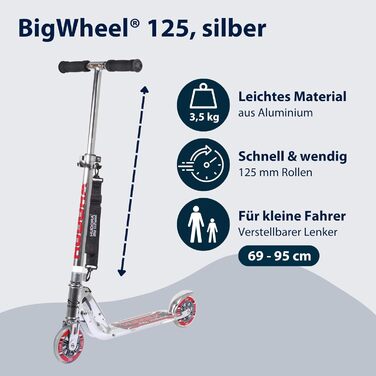 Самокат HUDORA BigWheel 125 - Безпечний та високоякісний алюмінієвий самокат для дітей - Регульований по висоті та складаний міськ