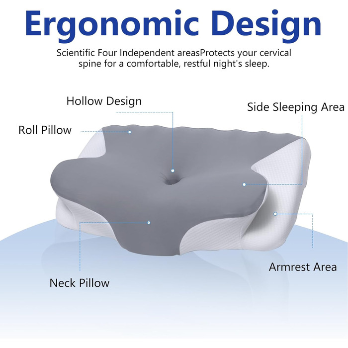 Подушка з піни з ефектом пам&39яті, подушка для шиї, подушка для голови, подушка для підтримки шиї та плечей, підходить для різних поз сну, розмір 60 x 41 x 9/12 см (світло-сірий)
