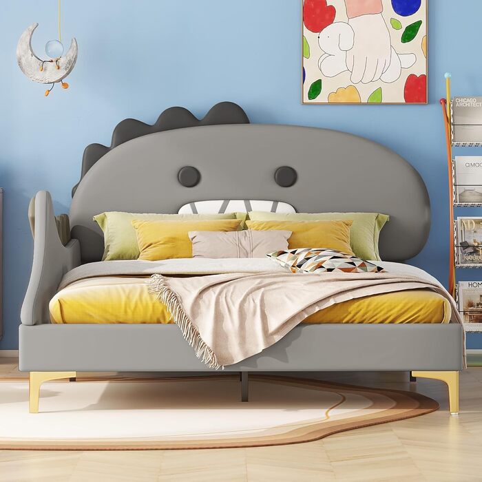 Ліжко 140x200 з рейковою основою, дитяче двоспальне ліжко, форма динозавра, каркас ліжка, молодіжне ліжко, ліжко для хлопчиків та дівчаток, ПУ, без матраца, 140 x 200 см, сірий