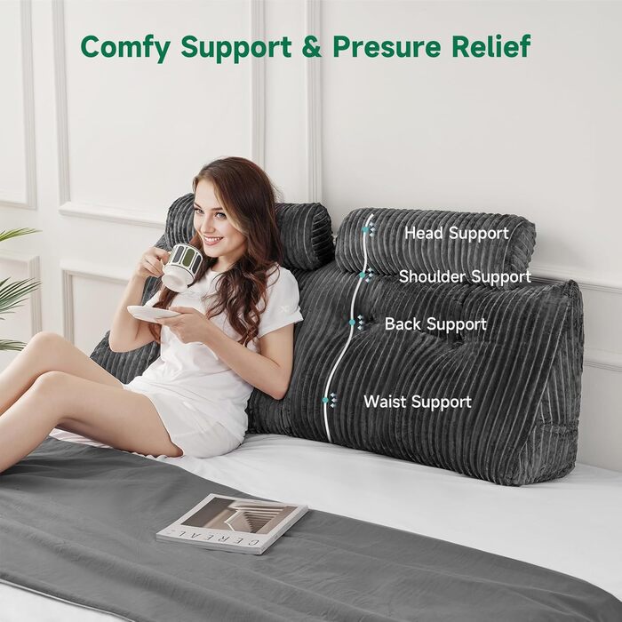 Подушка-книжка Z-hom, клиноподібна подушка, подушка для читання для ліжка та дивана, затишна подушка для спини, практична бічна кишеня, знімний чохол, з круглою подушкою для голови (сіра, 200 * 50 * 20 см) сіра 200 x 50 x 20 см