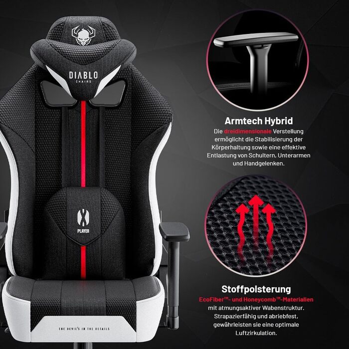 Ігрове крісло Diablo Fabric X-Player 2.0 - Широке сидіння - Ігрове крісло з 3D підлокітниками - Подушки для шиї/світлові подушки, функція гойдання - Офісне крісло 160 кг - Ергономічне ігрове крісло для ПК - King (XL) Біло-чорний King (XL)