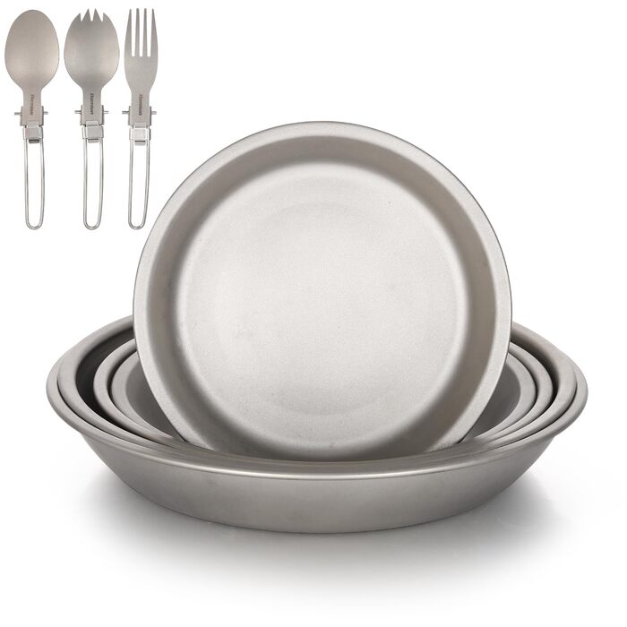 Набір кемпінгових тарілок 8-в-1 з 5 титановими каструлями та складною виделкою, ложкою, легким посудом, столовими приборами для барбекю, кухні, походів, пікніка