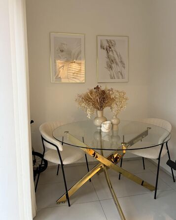 Обідній стіл Beliani, безпечне скло, прозорий, 120 см, круглий з металевим каркасом, золотий Maramo