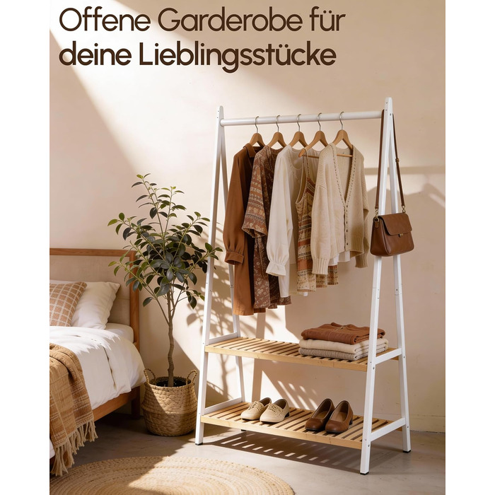 Вішалка для одягу з 2 полицями з білого бамбука, шафа-тумба з міцною рейкою для одягу, шафа з полицею для взуття, для передпокою, спальні, 160 x 80 x 44 см (білий)