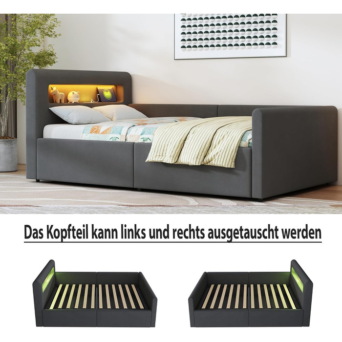 Дитяче ліжко okwish з м&39якою поверхнею, 90x200 см, дитяче ліжко з гідравлічним відділенням для зберігання, світлодіодним нічником та USB-портом, оксамитова тканина, темно-сірий колір, без матраца, темно-сірий 90 x 200 см