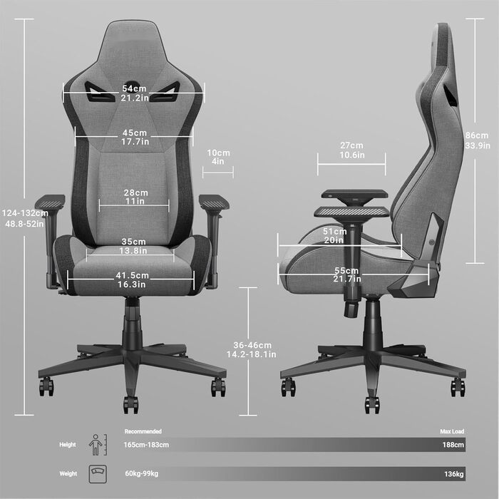 Ергономічне ігрове крісло з підтримкою для голови та попереку Велике офісне крісло світло-сірого кольору Кут нахилу 155 з фіксатором Чохол з повітропроникної тканини світло-сірого та чорного кольорів