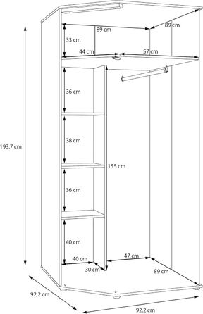 Кутова шафа Forte WEXLIN 90 95, сучасна шафа з дверцятами, дитяча та підліткова кімната, декор під дуб кашемірбежевиймаувелла, 92,2 см завширшки x 193,7 см заввишки x 92,2 см завглибшки