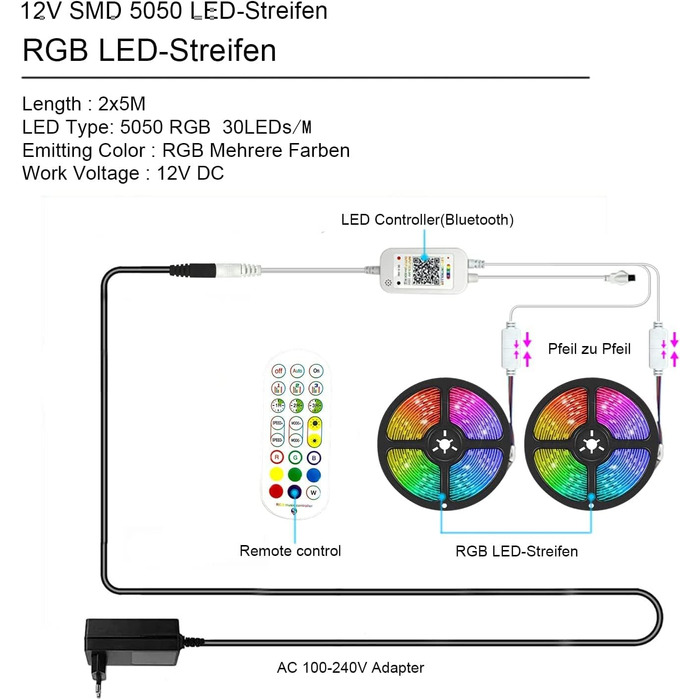 Світлодіодна стрічка calflux 10 м, 300 світлодіодів RGB світлодіодна стрічка водонепроникна IP65,12 В зі зміною кольору з додатком Керування Bluetooth, синхронізація з музикою, додаток для освітлення будинку, Кюче, Спальня, Водонепроникний, Вечірка