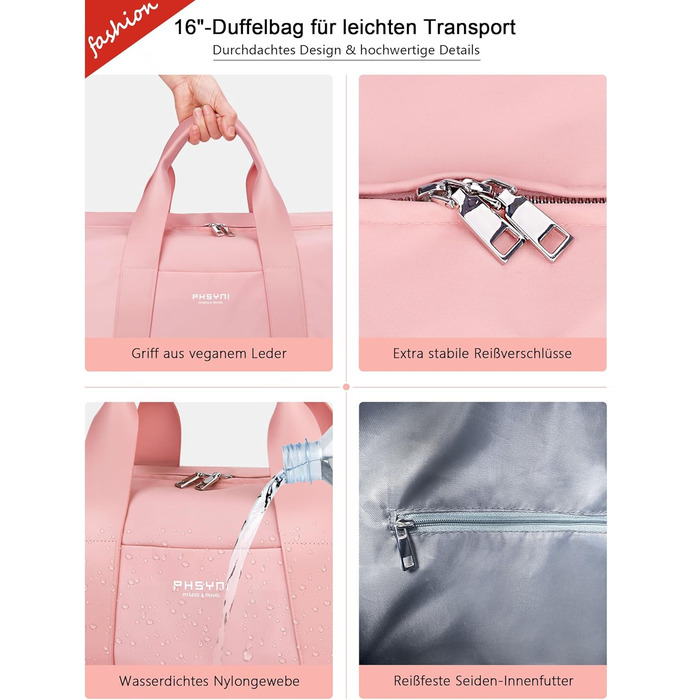 Спортивна сумка 16 дюймів для жінок та дітей, з відділенням для взуття та роздільником для вологих/сухих речей, рожева, малий розмір 16 дюймів