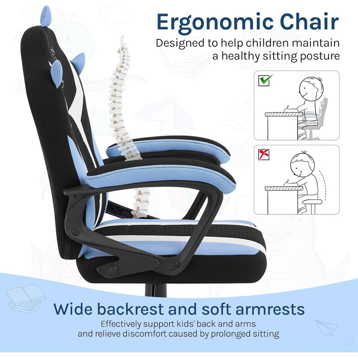Ігрове крісло WOLTU для дітей, ергономічне дитяче робоче крісло зі спинкою та підлокітниками, для дитячих кімнат, з універсальними колесами та колесами з обважнювачами, сітчаста тканина, синій колір