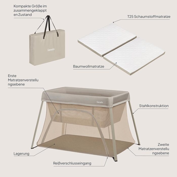 Дорожнє ліжечко/манеж Lionelo Alice 3-в-1 для дітей вагою від 0 до 15 кг, з поролоновим матрацом, 2 налаштування висоти, складне, компактне, легке, з боковим входом та бежевою дорожньою сумкою