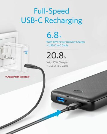 Портативний зарядний пристрій Anker USB C, акумулятор PowerCore Essential 20000 PD (20 Вт), акумуляторна батарея високої ємності 20000 мАг для iPhone 14/15//15 Pro/15 Pro Max/X, Galaxy (зарядний пристрій PD не входить)