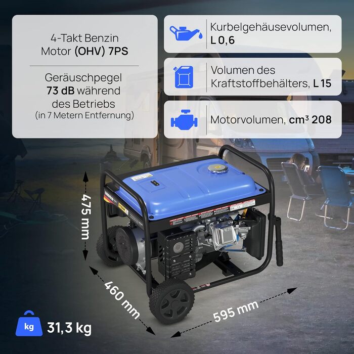 Бензиновий генератор потужністю 3000 Вт, 1-фазний, автоматичне керування AVR, світлодіодний дисплей, 4-тактний бензиновий двигун, 7 к.с., мідний генератор, бак 15 л, генератор потужністю 3 кВт (макс. 3300 Вт), 230 В 16 А