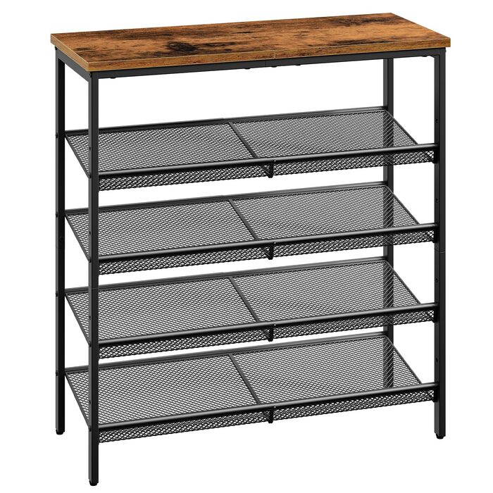 Взуттєва полиця HOOBRO, 5-ярусне зберігання взуття, взуттєва шафа, регульована металева сітчаста полиця, містка верхня частина, на 16-20 пар, вхід, коридор, індустріальний колір, вінтажний коричнево-чорний EBF12XJ01 темно-коричневий чорний 75 x 30 x 81 см