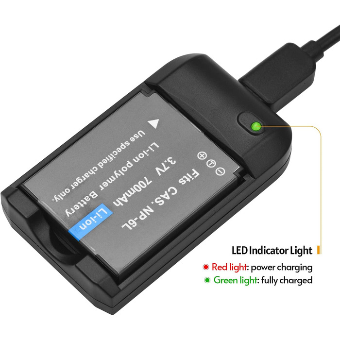 Зарядний пристрій NP-6L з USB-портом, батарейки та зарядний пристрій зі світлодіодним індикатором, 2 батарейки 3,7 В 700 мАг з USB-кабелем для заряджання