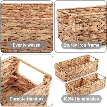Комплект із 2 плетених кошиків для зберігання, невеликі прямокутні полиці-кошики з відділеннями, декоративний поличний кошик, коробка для зберігання у ванну кімнату, вітальню, полиця для бачка унітазу