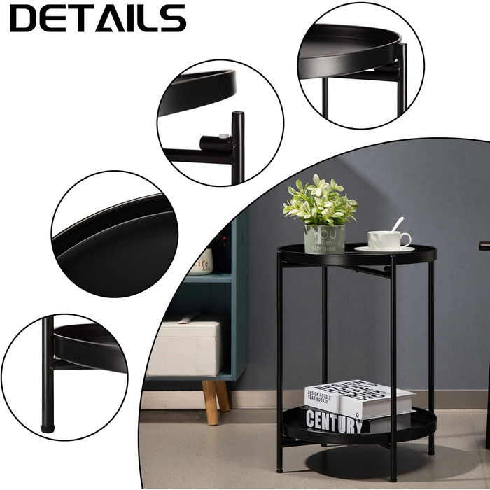 Круглий бічний столик HollyHOME, чорний металевий, маленький журнальний столик, 2 яруси, балконний столик, тумбочка, бічний столик для вітальні, спальні, тераси, вулиці