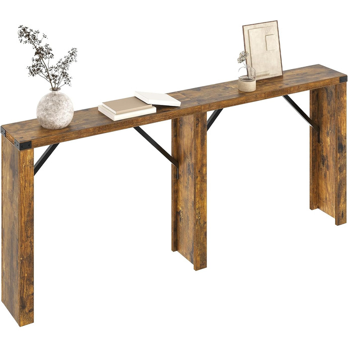 Консольний столик, довгий вузький стіл для коридору, столик для передпокою, за диваном, промисловий дизайн, з металевими стійками, для вузьких приміщень, вхідна зона, коридор, вітальня, вінтажний коричневий XCT30BR