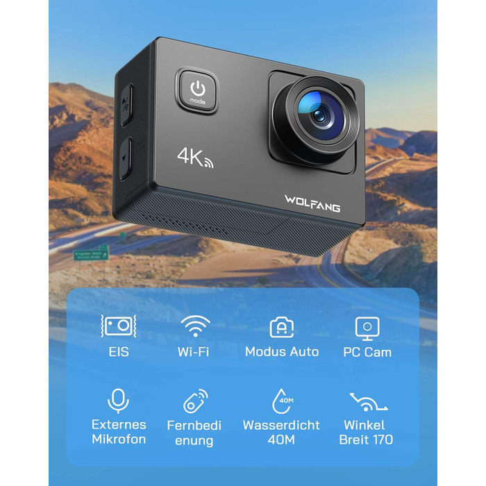 З картою памяті microSDXC 32GB WiFi 40M Підводна камера Водонепроникна EIS Actioncam Пульт дистанційного керування Мікрофон Комплект аксесуарів, 4K30FPS 20MP