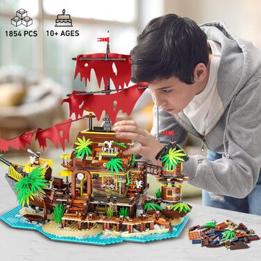 Міні-конструктор INSOON Pirate Shipwreck House зі світлодіодом, 2 в 1 Pirate Ship Building Block 1854 шт., Shipwreck Model Home Decor Піратський корабель Іграшка Подарунок для дорослих Діти Хлопчики від 10-12