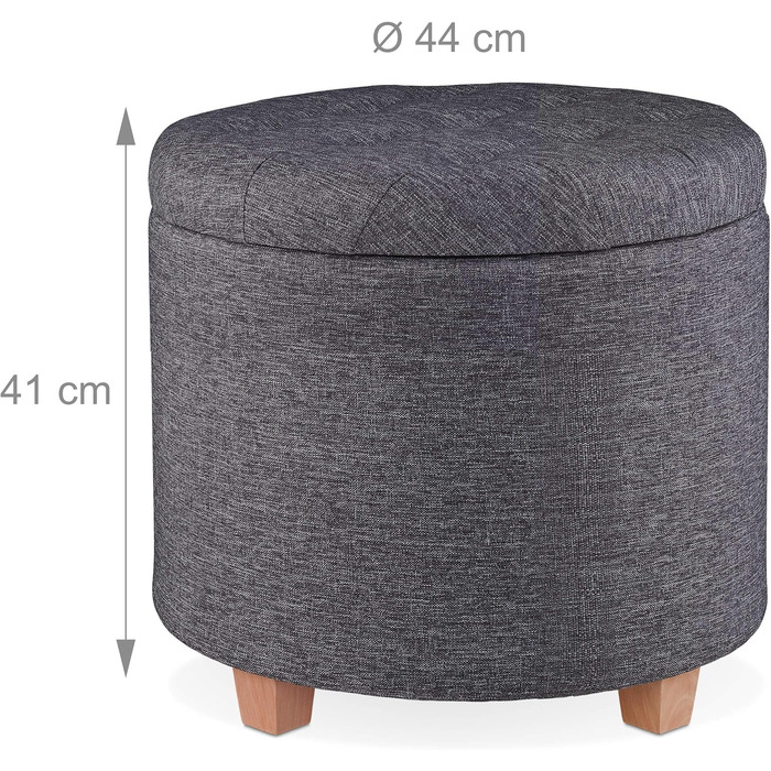 Пуф Relaxdays із місцем для зберігання, круглий м&39який табурет, для вітальні, імітація лляного матеріалу, В x Г 41 x 44 см, темно-сірий