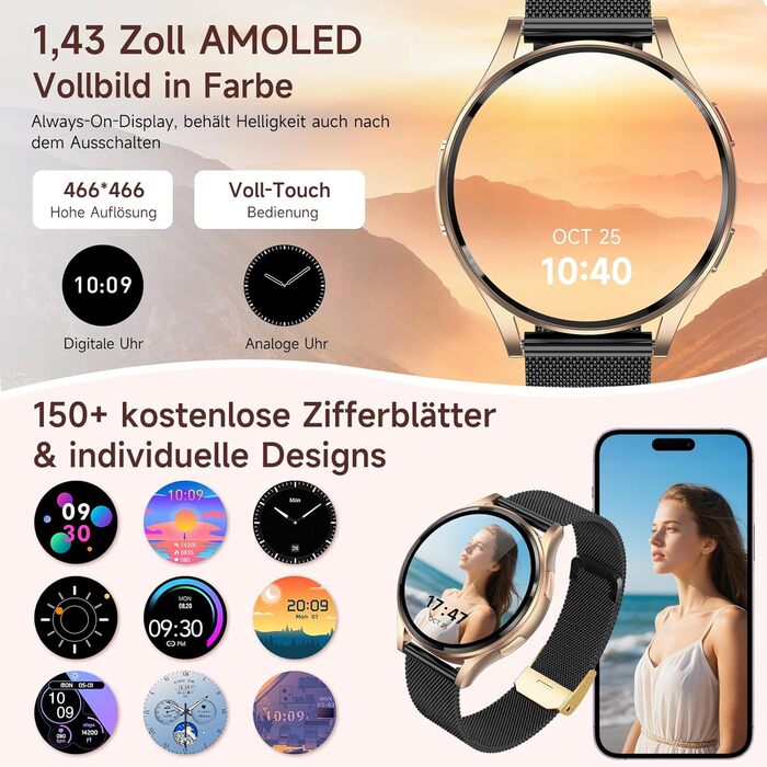 Жіночий смарт-годинник з ЕКГВСР/ІМТ/сечовою кислотою, круглий 1,43-дюймовий AMOLED годинник для здоров&39я з 24-годинним зворотним тиском, монітором сну, фітнес-трекером менструального циклу, сумісний з iOS/Android, чорний міланський ремінець