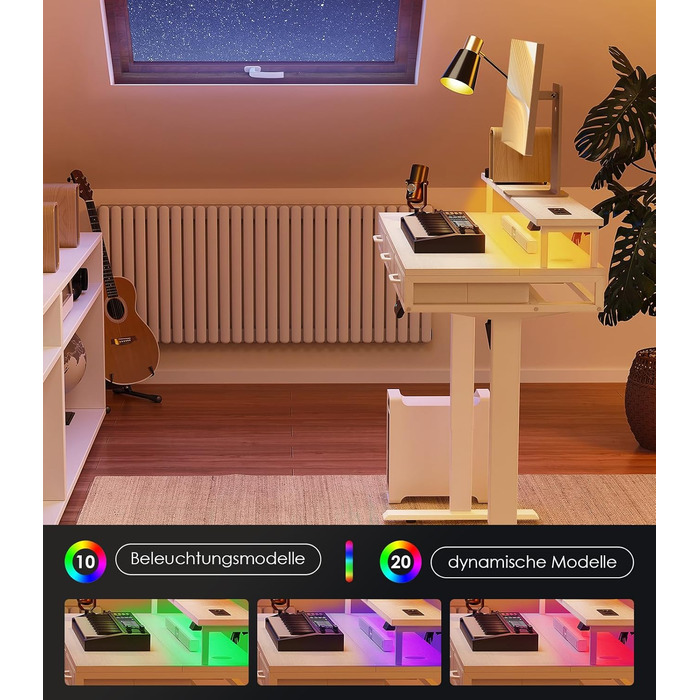 Електричний письмовий стіл OffiGo з шухлядами, стіл з регульованою висотою 120 см та підставкою для монітора, стіл для роботи стоячи з розетками та світловою стрічкою, офісний стіл з регульованою висотою, білий 120 x 54 см