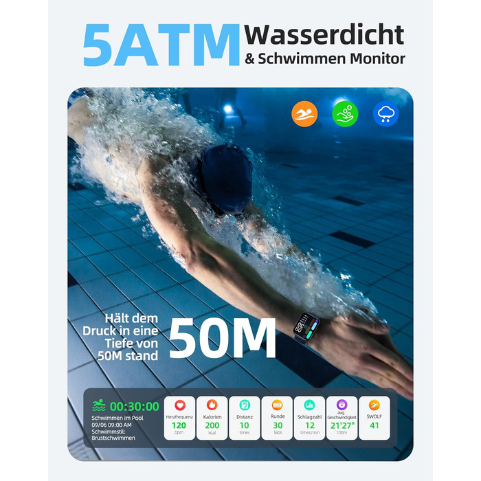 Розумний годинник Parsonver для жінок та чоловіків, водонепроникний плавальний годинник 5ATM, 1,8-дюймовий HD-екран для фітнесу з понад 100 спортивними режимами, відстеженням серцевого ритму та сну, розумний годинник для Android та iOS, чорний