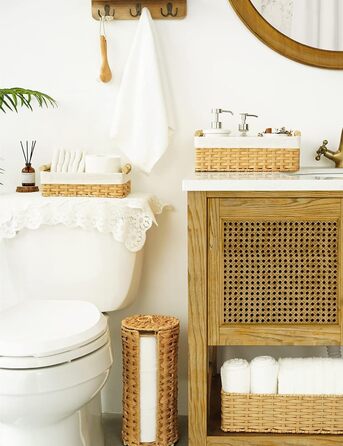 БАБУСЯ КАЖЕ Вузькі кошики для зберігання, кошики для зберігання туалетного паперу з 2 шт. , плетений кошик для зберігання, плетений кошик з полицями, водонепроникні кошики для ванної кімнати, декоративні кошики для пеленального столика - натуральні