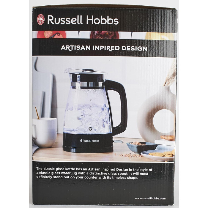 Чайник Russell Hobbs 1,7 л, 2400 Вт, оптимізований скляний вилив, світлодіодне освітлення Класичний дизайн (скороварка, знімна кришка, фільтр від накипу, основа з нержавіючої сталі)26080-70